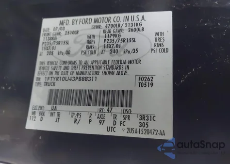 2003 Ford Ranger Edge/Xl/Xlt z USA, uszkodzony, nr VIN 1FTYR10U43PB88311